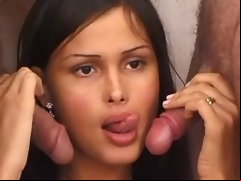 Shemale sucking cocks and gets cum